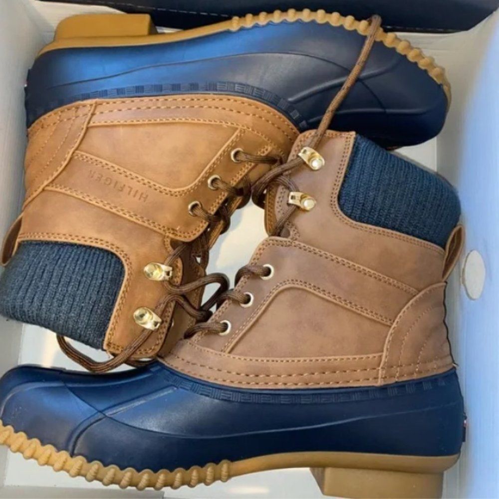 Tommy Hilfiger Cuffed Leather Winter Duck Navy Khaki Twreise Vintage 90s Boot - Picture 2 of 12